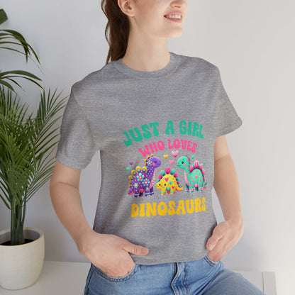 Just a Girl Who Loves Dinosaurs Unisex T-Shirt – Vibrant Dino Trio with Hearts & Flowers Design