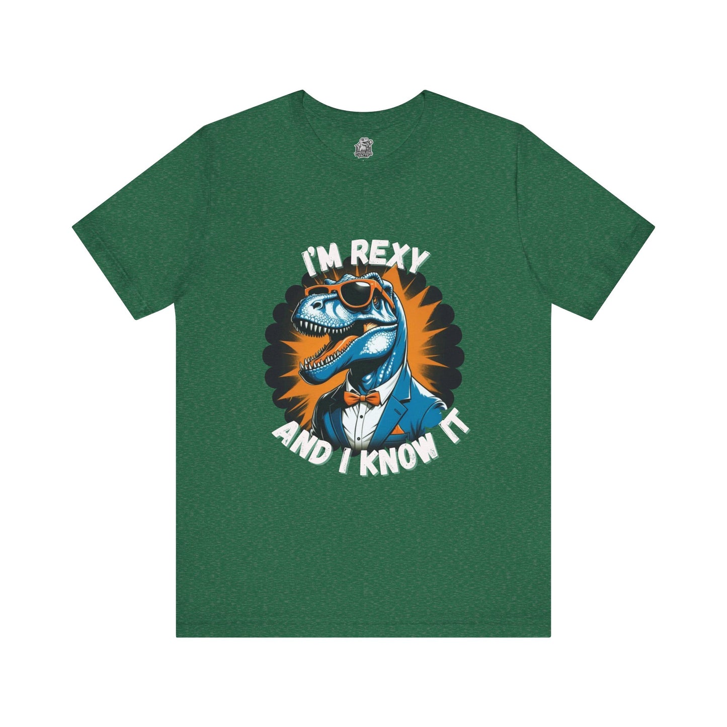 Rockin’ Rex – I’m Rexy and I Know It Unisex T-Shirt with Cool T-Rex in a Suit & Shades