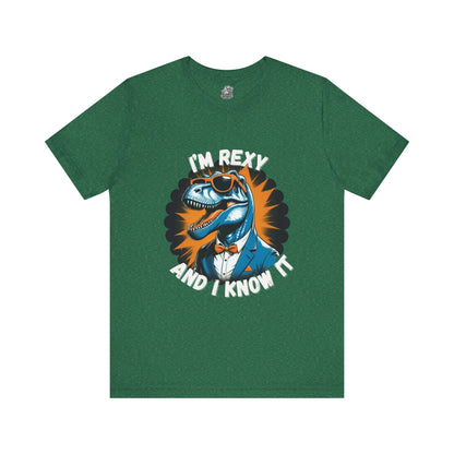 Rockin’ Rex – I’m Rexy and I Know It Unisex T-Shirt with Cool T-Rex in a Suit & Shades