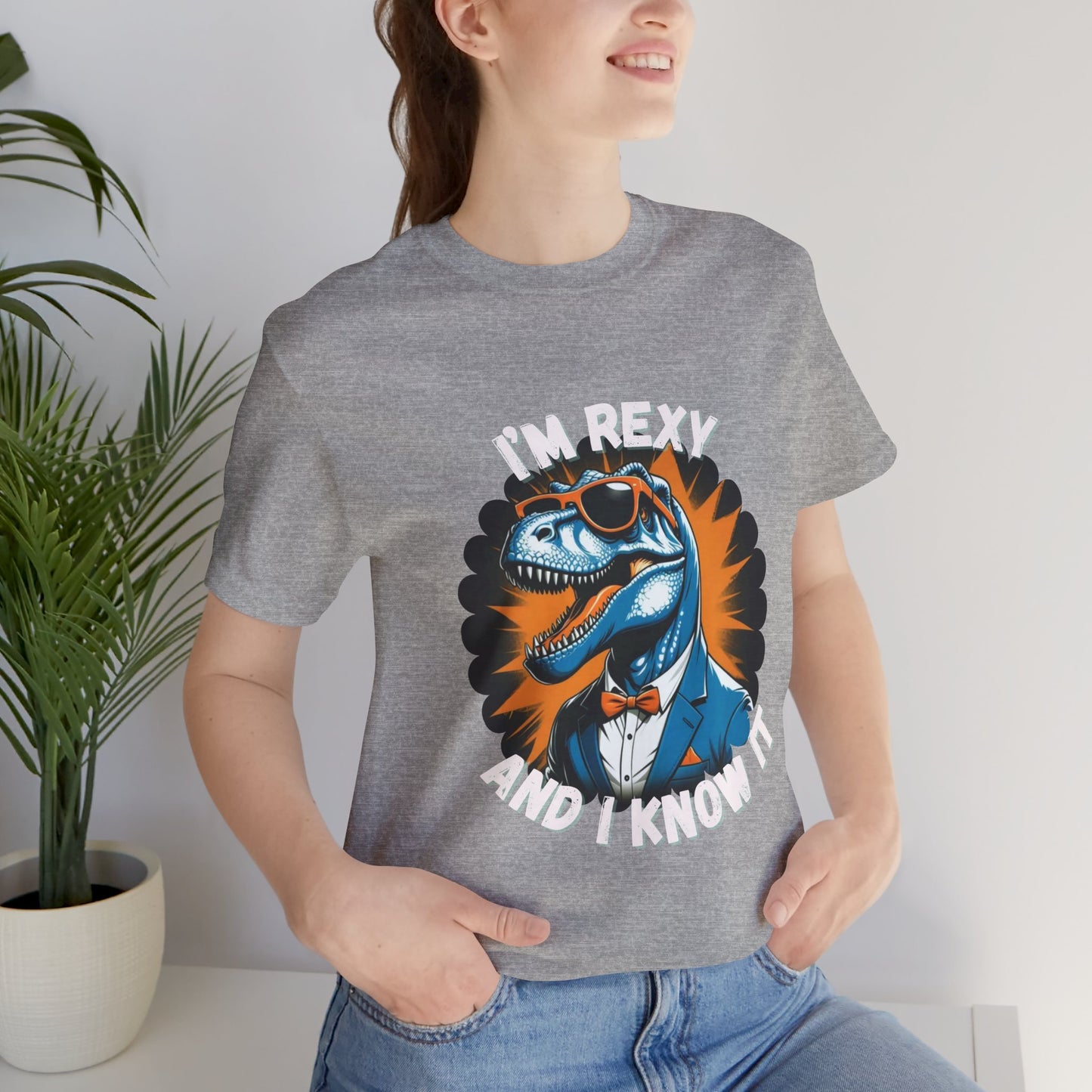 Rockin’ Rex – I’m Rexy and I Know It Unisex T-Shirt with Cool T-Rex in a Suit & Shades