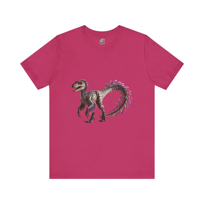 Fiercely Feathered Velociraptor Tee – A Wild Splash of Style and Prehistoric Flair! 🦖💜🌿 - Unisex Jersey Short Sleeve Tee Super Comfy Dino T-Shirt Gift