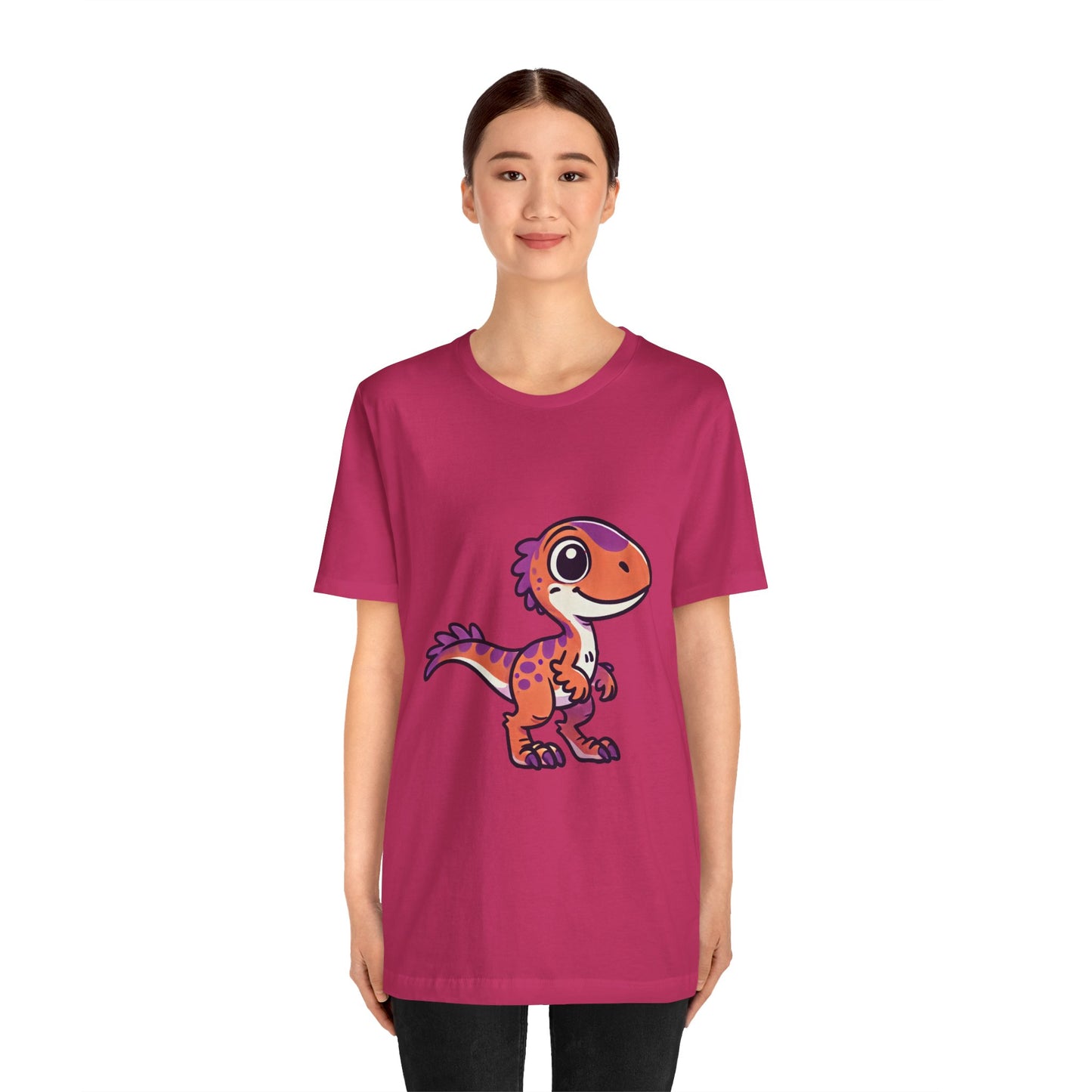 Adorable Cartoon Velociraptor Tee – Cute Dino Fun for All Ages! 🦖💜🧡 - Unisex Jersey Short Sleeve Tee Super Comfy Dino T-Shirt Gift