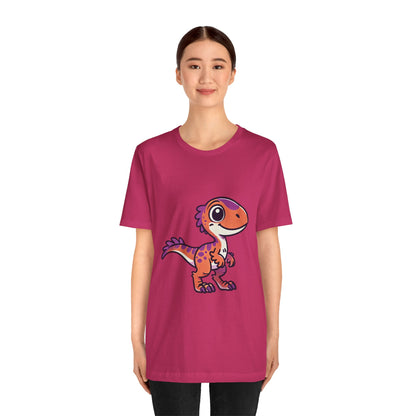 Adorable Cartoon Velociraptor Tee – Cute Dino Fun for All Ages! 🦖💜🧡 - Unisex Jersey Short Sleeve Tee Super Comfy Dino T-Shirt Gift