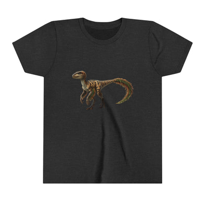 Youth Fiercely Feathered Velociraptor Tee – A Wild Splash of Style and Prehistoric Flair! 🦖💜🌿 - Unisex Jersey Short Sleeve Tee Super Comfy Dino T-Shirt Gift