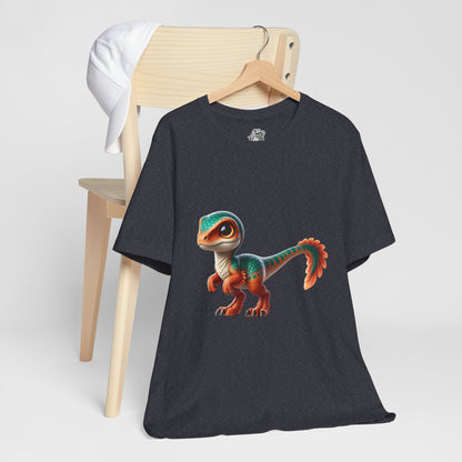 Adorable Scaled Velociraptor Tee – Vibrant Dino Charm in Teal & Orange! 🦖🍃🔥 - Unisex Jersey Short Sleeve Tee Super Comfy Dino T-Shirt Gift