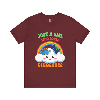 Just a Girl Who Loves Dinosaurs Unisex T-Shirt – Adorable Rainbow, Kawaii Cloud, and Fun Cartoon Dino Design