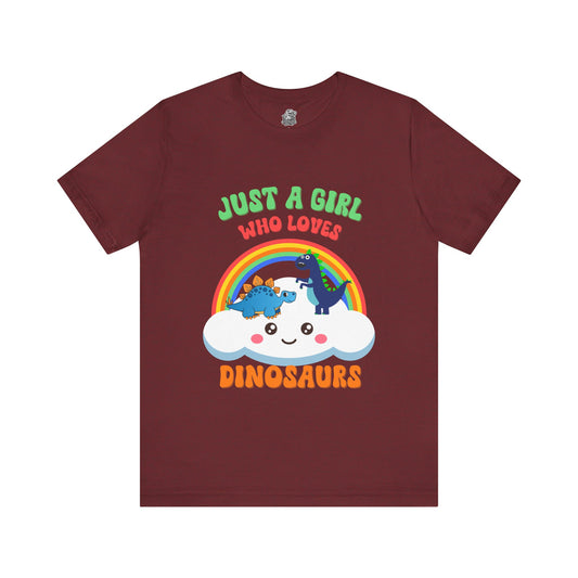 Just a Girl Who Loves Dinosaurs Unisex T-Shirt – Adorable Rainbow, Kawaii Cloud, and Fun Cartoon Dino Design