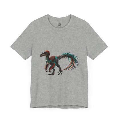 Stunning Feathered Velociraptor Tee – Bold Jungle Colors & Fierce Dino Style! 🦖🍂🌌 - Unisex Jersey Short Sleeve Tee Super Comfy Dino T-Shirt Gift