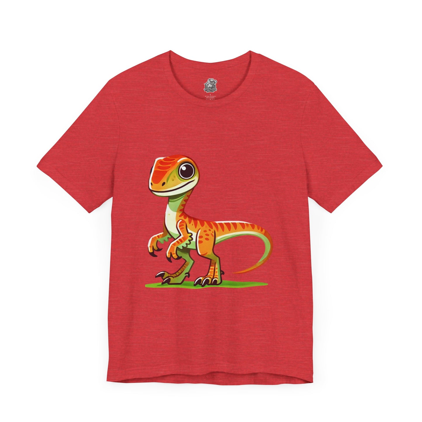 Bright & Bold Velociraptor Tee – Adorable Dino Fun in Orange & Green! 🦖🍊🌿 - Unisex Jersey Short Sleeve Tee Super Comfy Dino T-Shirt Gift