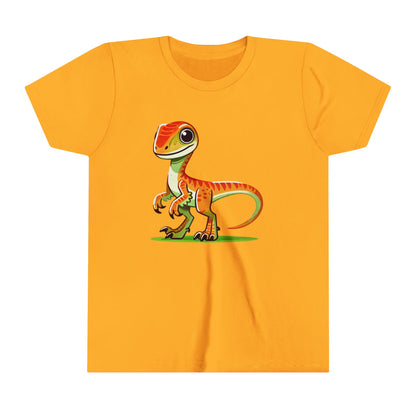 Youth Playful Green Velociraptor Tee – Cute Dino Style with a Splash of Fun! 🦖🍂🌿 - Unisex Jersey Short Sleeve Tee Super Comfy Dino T-Shirt Gift