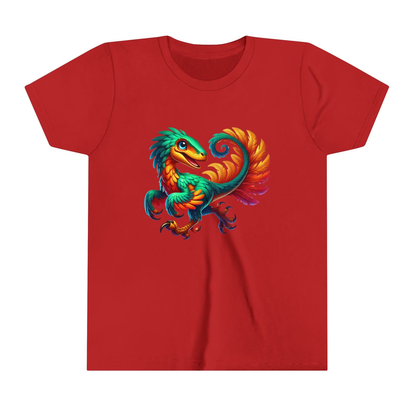 Youth Exotic Rainbow-Feathered Velociraptor  – Stunningly Realistic & Playful - Unisex Jersey Short Sleeve Tee Super Comfy Dino T-Shirt Gift