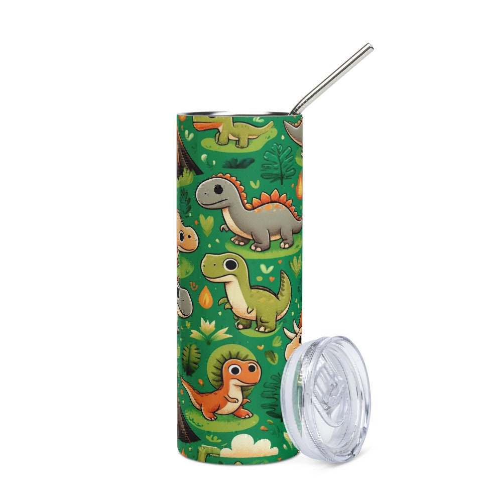 Stainless Steel 20oz (600 ml) Tumbler - " Cute Dino " With Straw and Lid, Keeps hot drinks hot and cold drinks cold for hours