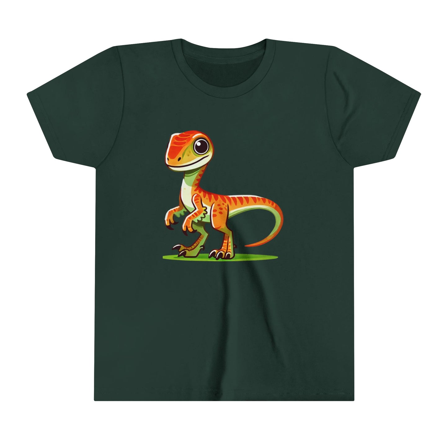 Youth Playful Green Velociraptor Tee – Cute Dino Style with a Splash of Fun! 🦖🍂🌿 - Unisex Jersey Short Sleeve Tee Super Comfy Dino T-Shirt Gift