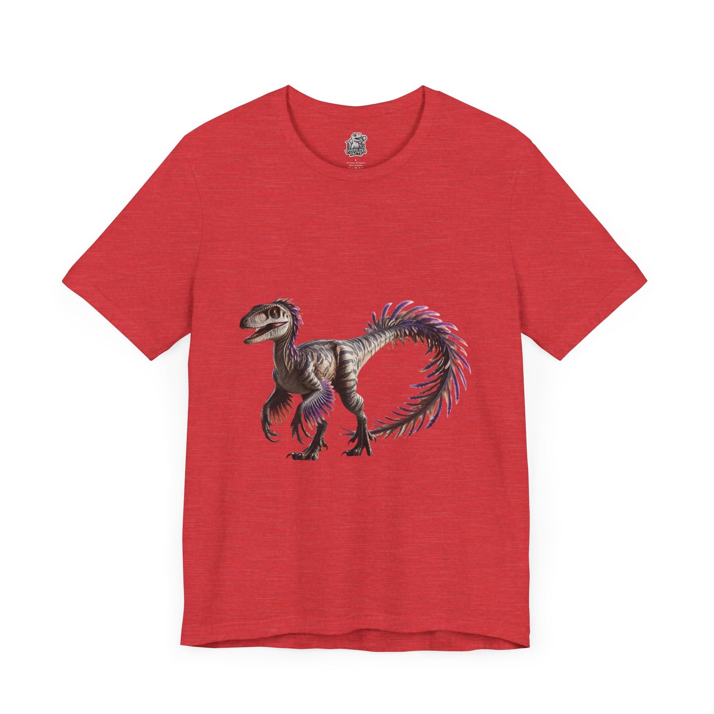 Fiercely Feathered Velociraptor Tee – A Wild Splash of Style and Prehistoric Flair! 🦖💜🌿 - Unisex Jersey Short Sleeve Tee Super Comfy Dino T-Shirt Gift