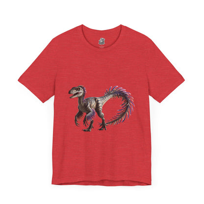 Fiercely Feathered Velociraptor Tee – A Wild Splash of Style and Prehistoric Flair! 🦖💜🌿 - Unisex Jersey Short Sleeve Tee Super Comfy Dino T-Shirt Gift