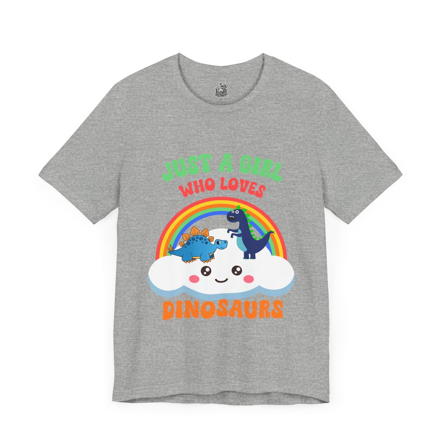 Just a Girl Who Loves Dinosaurs Unisex T-Shirt – Adorable Rainbow, Kawaii Cloud, and Fun Cartoon Dino Design