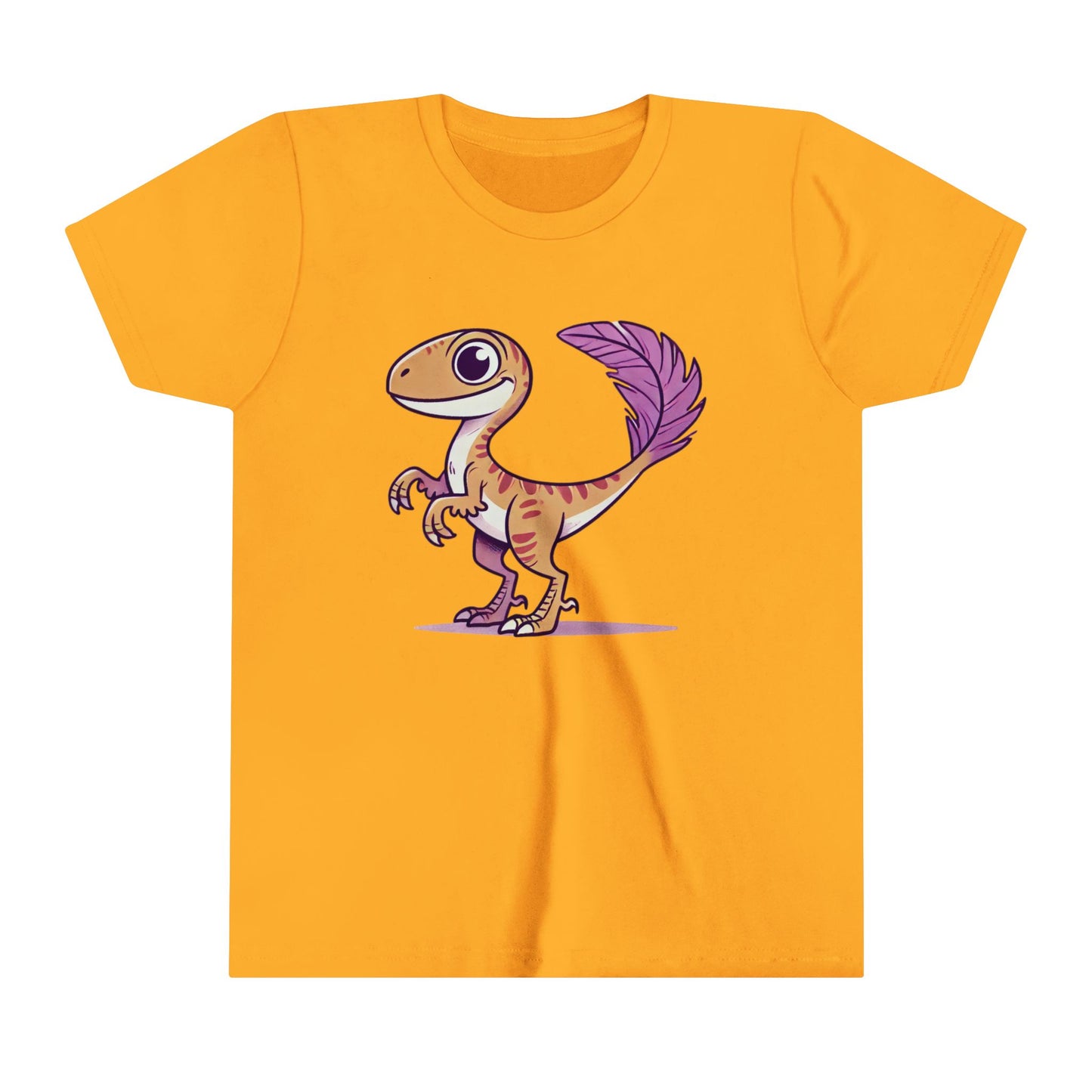 Youth Friendly Feathered Velociraptor Tee – Cute Dino Style with a Splash of Color! 🦖💜🍃 - Unisex Jersey Short Sleeve Tee Super Comfy Dino T-Shirt Gift