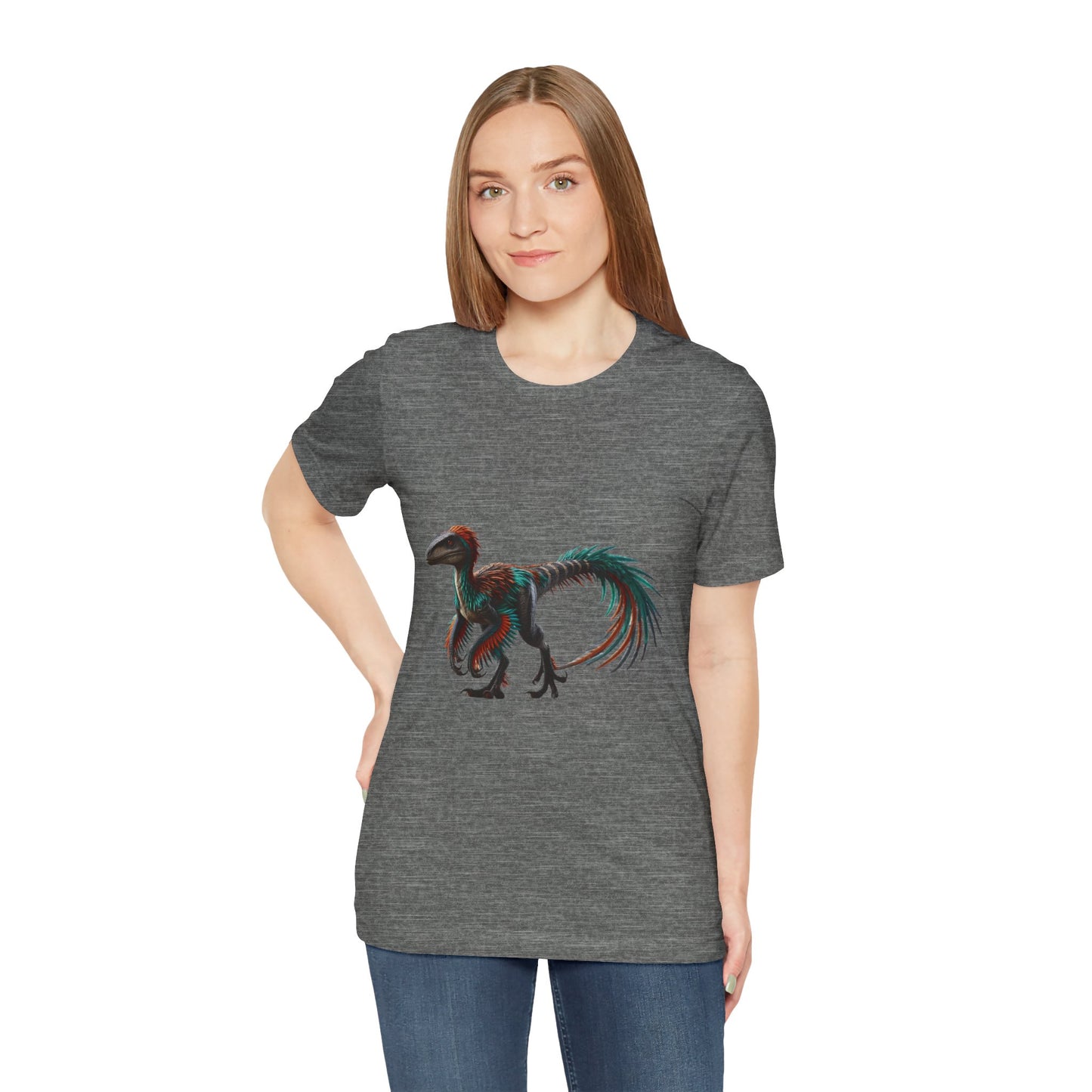 Stunning Feathered Velociraptor Tee – Bold Jungle Colors & Fierce Dino Style! 🦖🍂🌌 - Unisex Jersey Short Sleeve Tee Super Comfy Dino T-Shirt Gift