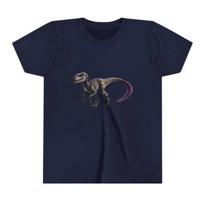 Youth Bold Blue Striped Velociraptor Tee – For Dino Lovers Ready to Roar into Adventure! 🦖🌊 - Unisex Jersey Short Sleeve Tee Super Comfy Dino T-Shirt Gift