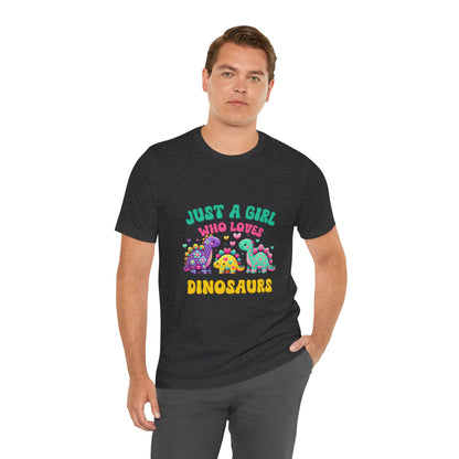 Just a Girl Who Loves Dinosaurs Unisex T-Shirt – Vibrant Dino Trio with Hearts & Flowers Design