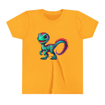 Youth Bright & Bold Velociraptor Tee – Stand Out with Dino Style! 🦖💜💚 - Unisex Jersey Short Sleeve Tee Super Comfy Dino T-Shirt Gift