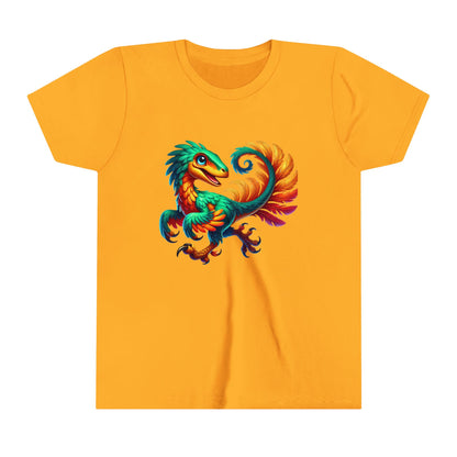 Youth Exotic Rainbow-Feathered Velociraptor  – Stunningly Realistic & Playful - Unisex Jersey Short Sleeve Tee Super Comfy Dino T-Shirt Gift