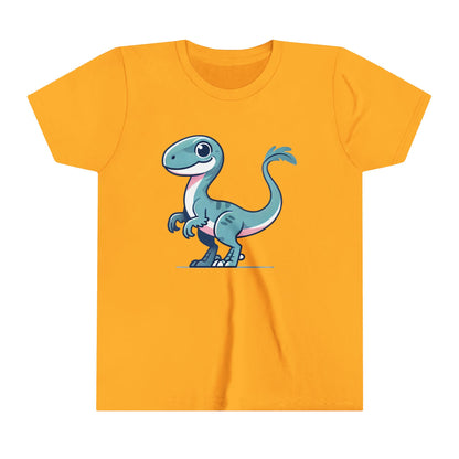 Youth Cheerful Blue Velociraptor Tee – Cute Dino Style for All Ages! 🌊🦖💙 - Unisex Jersey Short Sleeve Tee Super Comfy Dino T-Shirt Gift