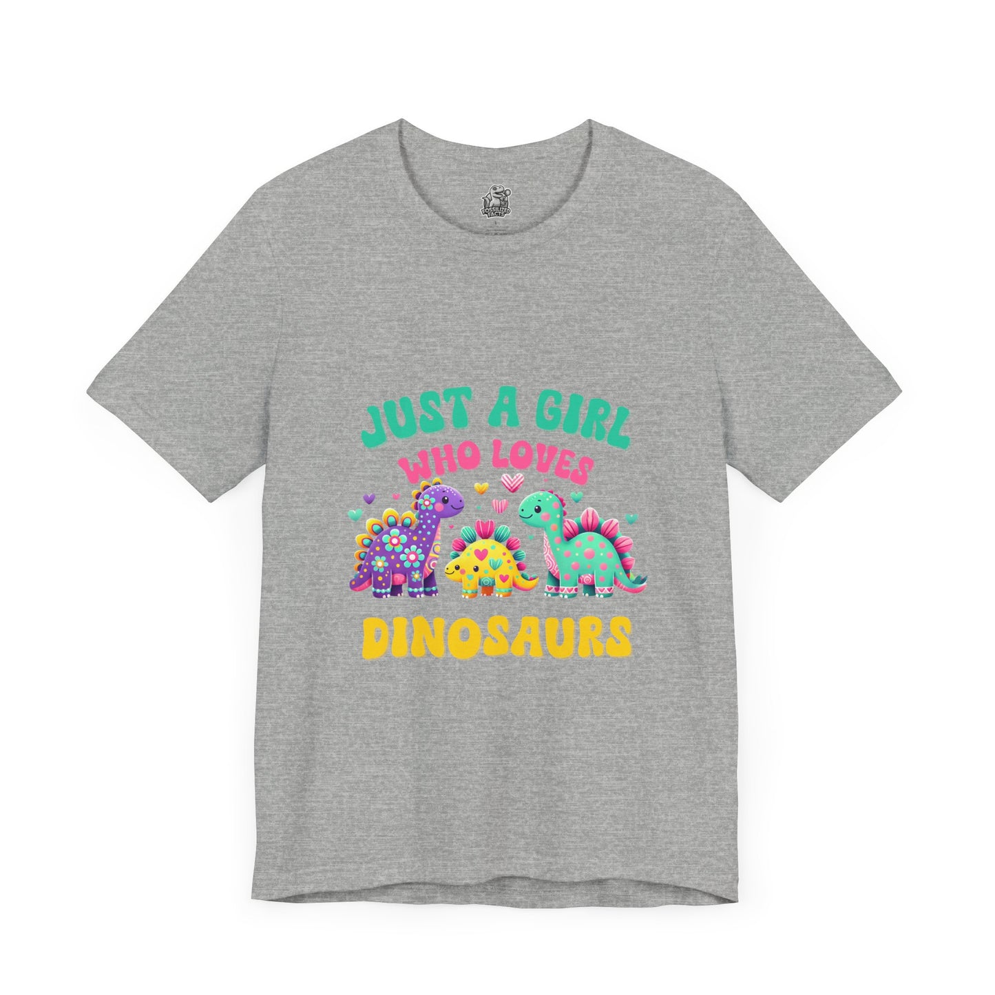 Just a Girl Who Loves Dinosaurs Unisex T-Shirt – Vibrant Dino Trio with Hearts & Flowers Design