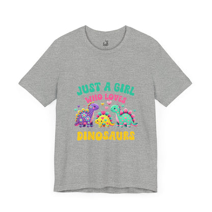 Just a Girl Who Loves Dinosaurs Unisex T-Shirt – Vibrant Dino Trio with Hearts & Flowers Design