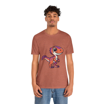 Adorable Cartoon Velociraptor Tee – Cute Dino Fun for All Ages! 🦖💜🧡 - Unisex Jersey Short Sleeve Tee Super Comfy Dino T-Shirt Gift