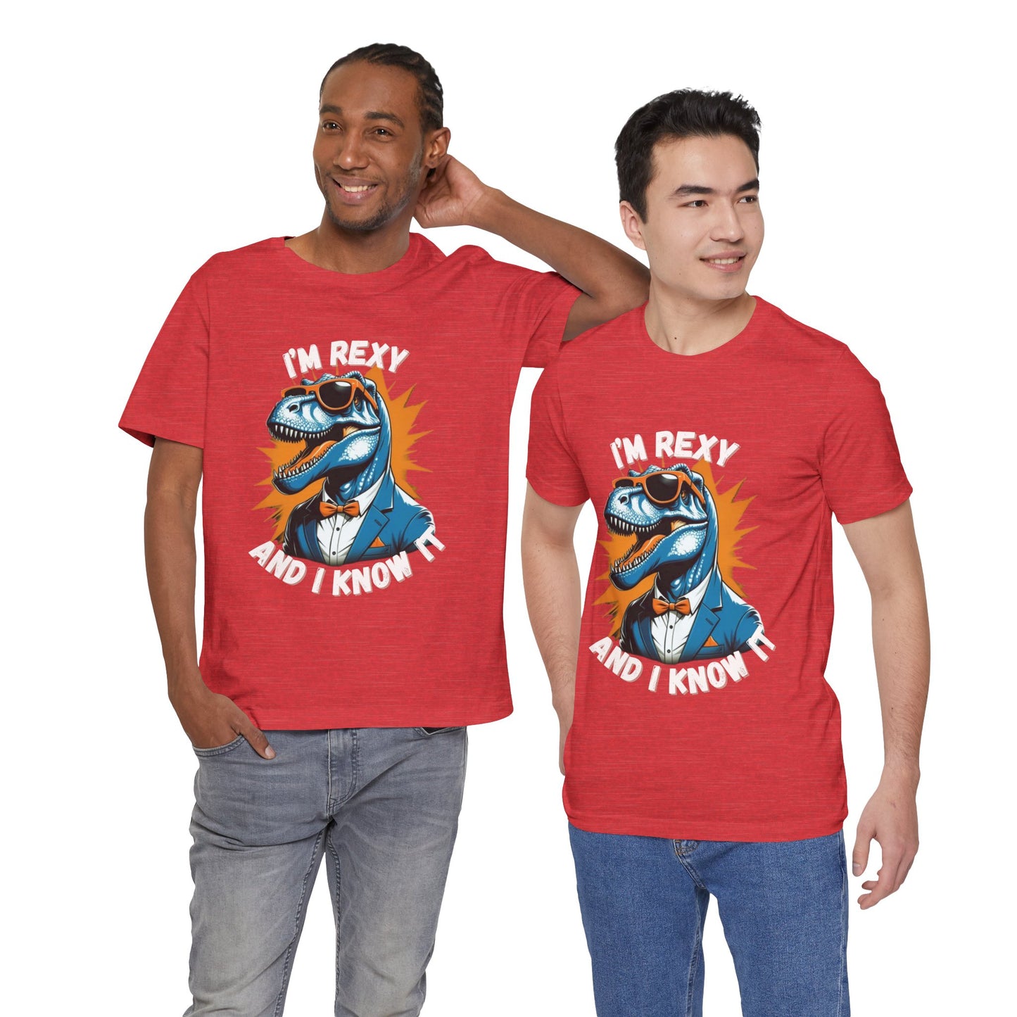 Suave Rex – I’m Rexy and I Know It Unisex T-Shirt with Stylish T-Rex in Shades & Suit