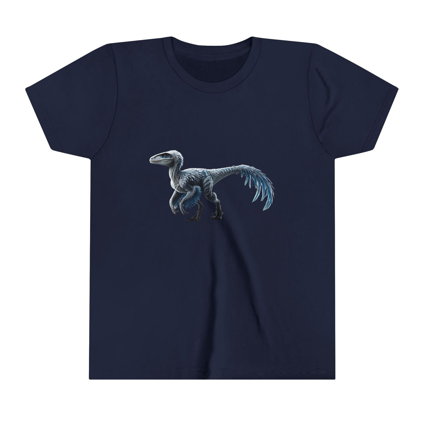 Youth Icy Blue Feathered Velociraptor Tee – Fierce Style in Cool Tones! 🦖❄️🌌 - Unisex Jersey Short Sleeve Tee Super Comfy Dino T-Shirt Gift