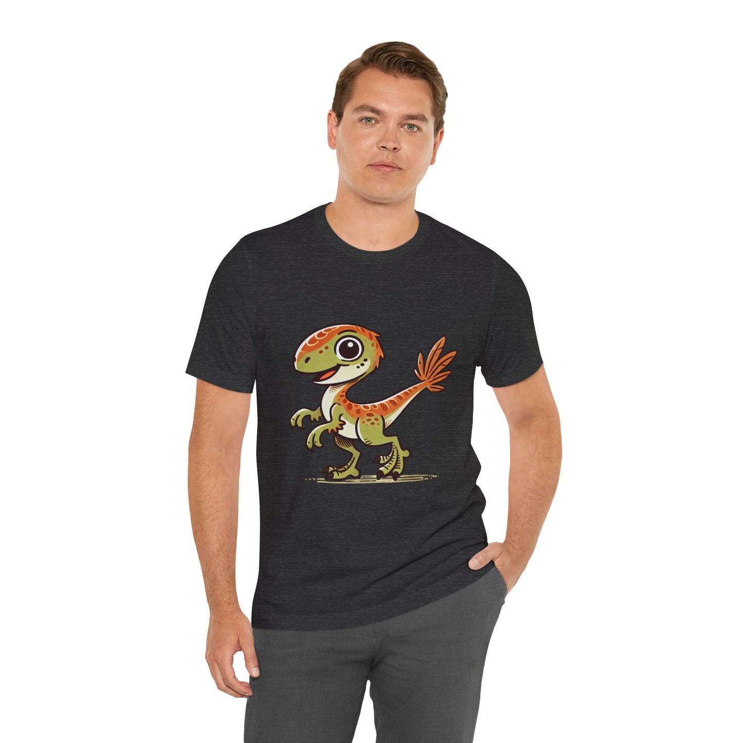 Playful Green Velociraptor Tee – Cute Dino Style with a Splash of Fun! 🦖🍂🌿 - Unisex Jersey Short Sleeve Tee Super Comfy Dino T-Shirt Gift