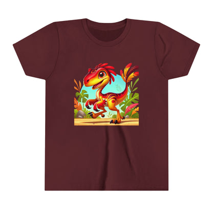 Youth Vibrant Jungle Velociraptor Tee – Fun, Fierce, and Full of Color! 🦖🌺🌿 - Unisex Jersey Short Sleeve Tee Super Comfy Dino T-Shirt Gift