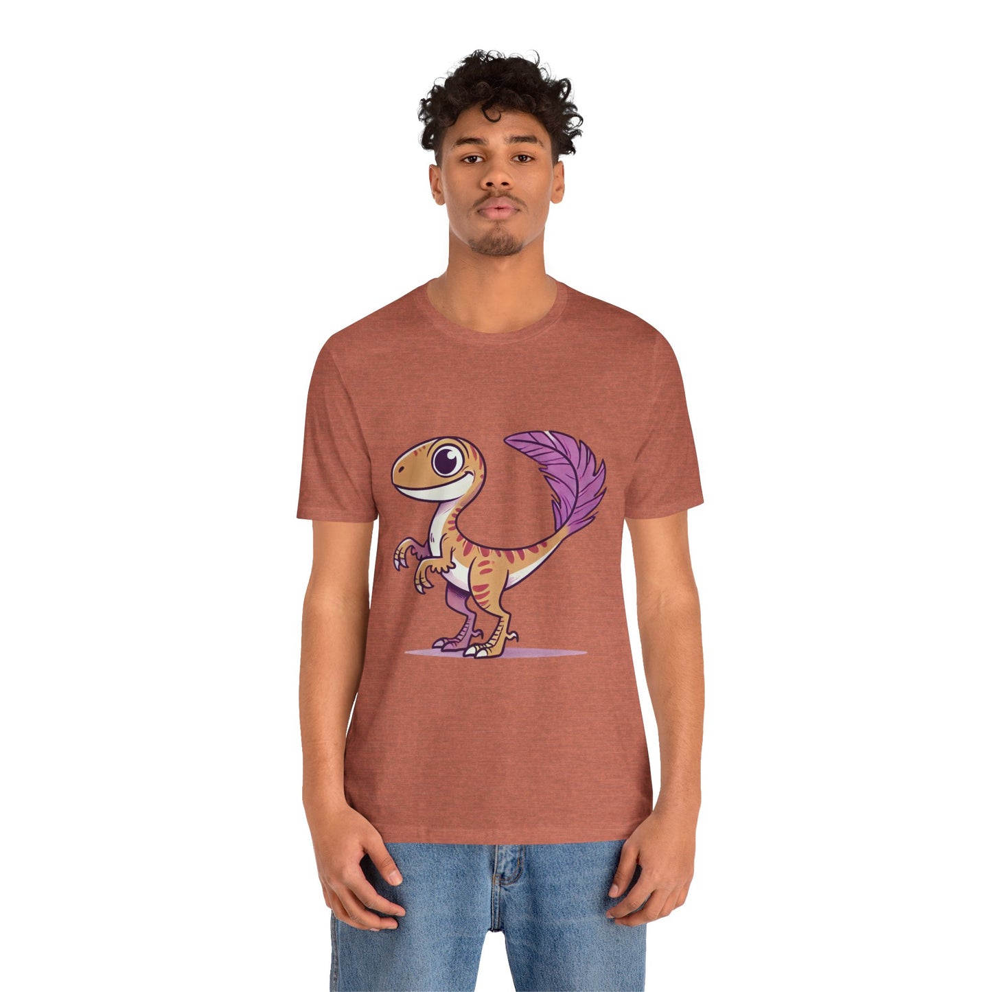 Friendly Feathered Velociraptor Tee – Cute Dino Style with a Splash of Color! 🦖💜🍃 – A Wild Splash of Style and Prehistoric Flair! 🦖💜🌿 - Unisex Jersey Short Sleeve Tee Super Comfy Dino T-Shirt Gift