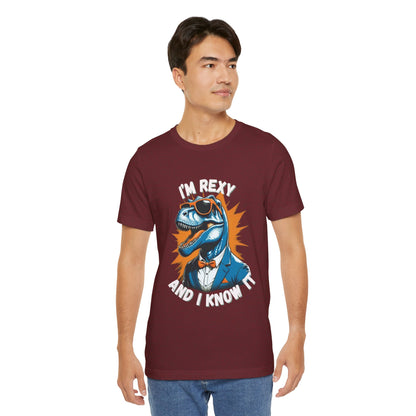 Suave Rex – I’m Rexy and I Know It Unisex T-Shirt with Stylish T-Rex in Shades & Suit