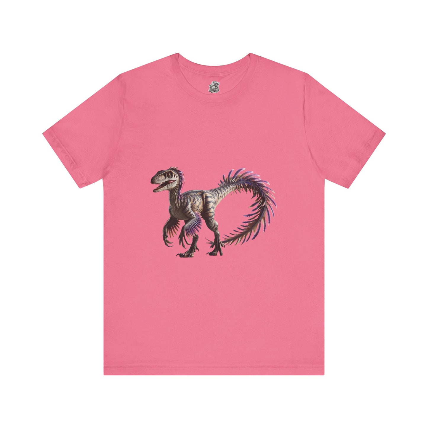 Fiercely Feathered Velociraptor Tee – A Wild Splash of Style and Prehistoric Flair! 🦖💜🌿 - Unisex Jersey Short Sleeve Tee Super Comfy Dino T-Shirt Gift