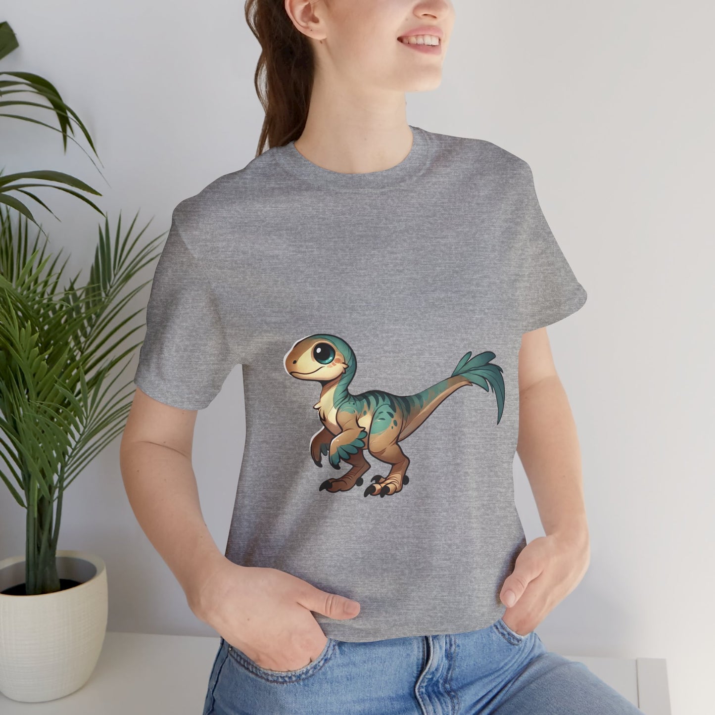 Sweet Baby Velociraptor Tee – Gentle Dino Charm in Soft Teal & Tan! 🦖💚✨ - Unisex Jersey Short Sleeve Tee Super Comfy Dino T-Shirt Gift