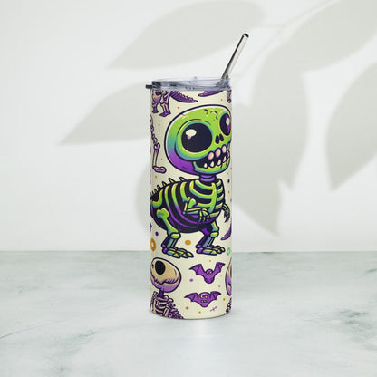 Stainless Steel 20oz (600 ml) Tumbler - " Dino Zombie " With Straw and Lid, Keeps hot drinks hot and cold drinks cold for hours