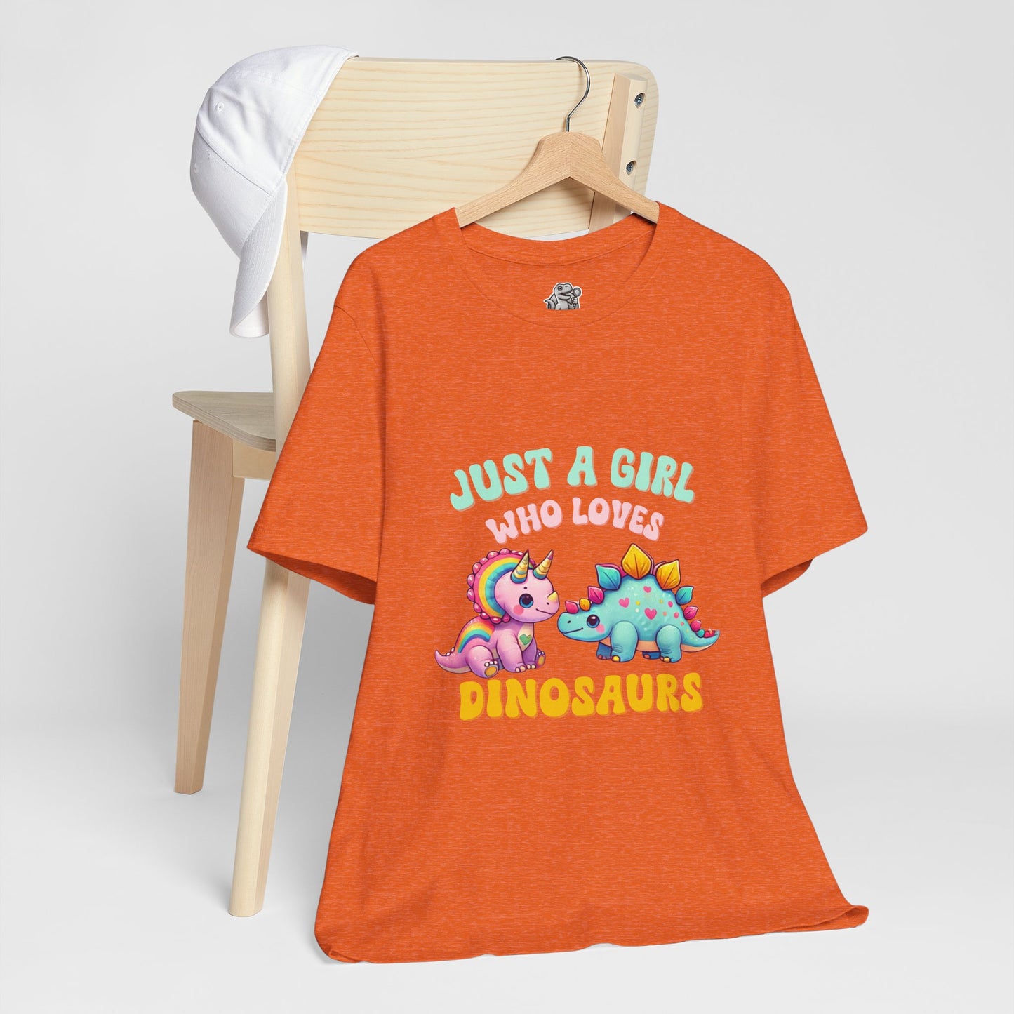 Just a Girl Who Loves Dinosaurs Unisex T-Shirt – Rainbow Triceratops & Colorful Stegosaurus Design