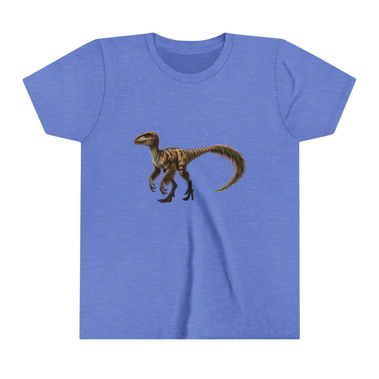 Youth Fiercely Feathered Velociraptor Tee – A Wild Splash of Style and Prehistoric Flair! 🦖💜🌿 - Unisex Jersey Short Sleeve Tee Super Comfy Dino T-Shirt Gift