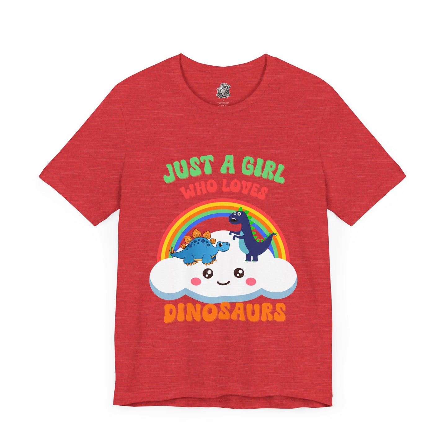 Just a Girl Who Loves Dinosaurs Unisex T-Shirt – Adorable Rainbow, Kawaii Cloud, and Fun Cartoon Dino Design