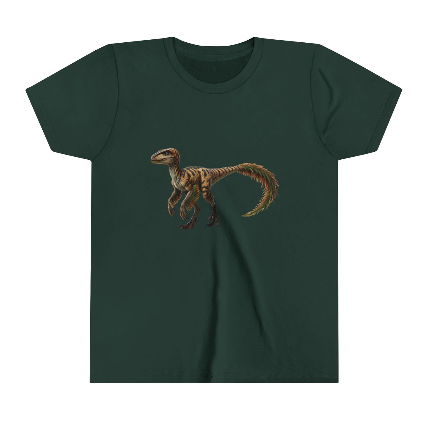 Youth Fiercely Feathered Velociraptor Tee – A Wild Splash of Style and Prehistoric Flair! 🦖💜🌿 - Unisex Jersey Short Sleeve Tee Super Comfy Dino T-Shirt Gift