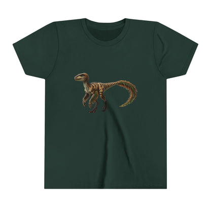 Youth Fiercely Feathered Velociraptor Tee – A Wild Splash of Style and Prehistoric Flair! 🦖💜🌿 - Unisex Jersey Short Sleeve Tee Super Comfy Dino T-Shirt Gift