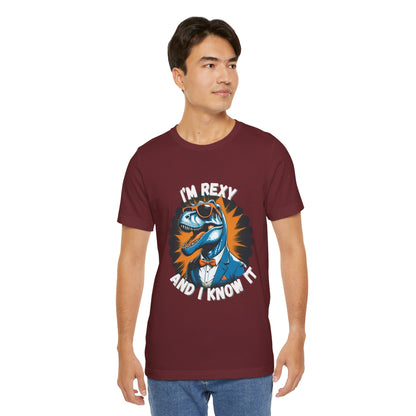 Rockin’ Rex – I’m Rexy and I Know It Unisex T-Shirt with Cool T-Rex in a Suit & Shades