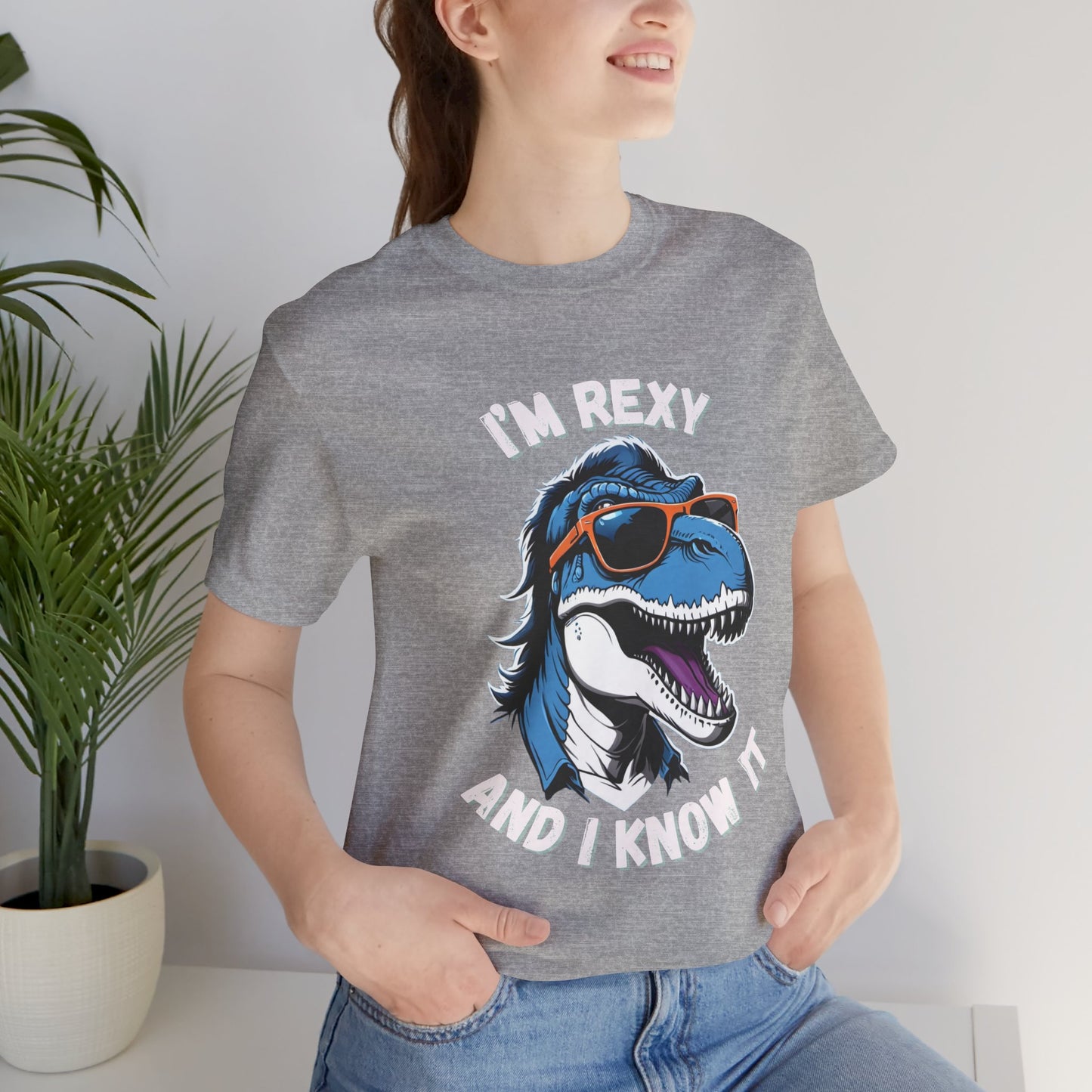 Rockstar Rex – I’m Rexy and I Know It Unisex T-Shirt with Cool T-Rex in Sunglasses & Hair