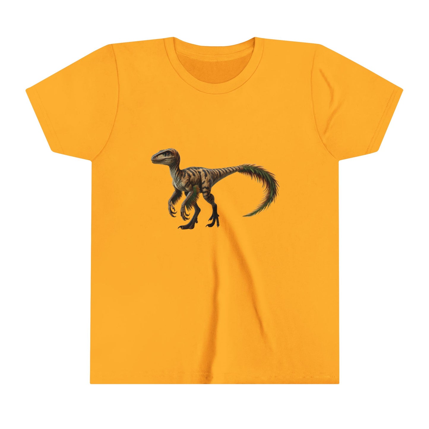 Youth Fiercely Feathered Velociraptor Tee – A Wild Splash of Style and Prehistoric Flair! 🦖💜🌿 - Unisex Jersey Short Sleeve Tee Super Comfy Dino T-Shirt Gift