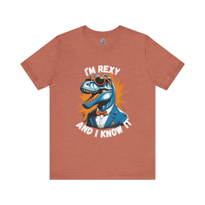 Suave Rex – I’m Rexy and I Know It Unisex T-Shirt with Stylish T-Rex in Shades & Suit