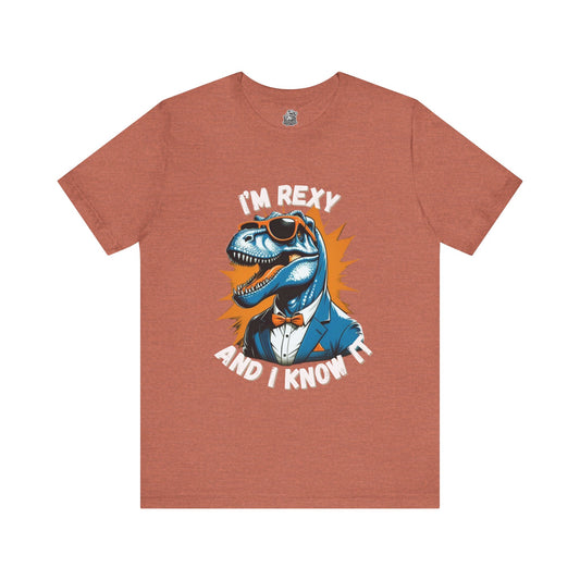 Suave Rex – I’m Rexy and I Know It Unisex T-Shirt with Stylish T-Rex in Shades & Suit