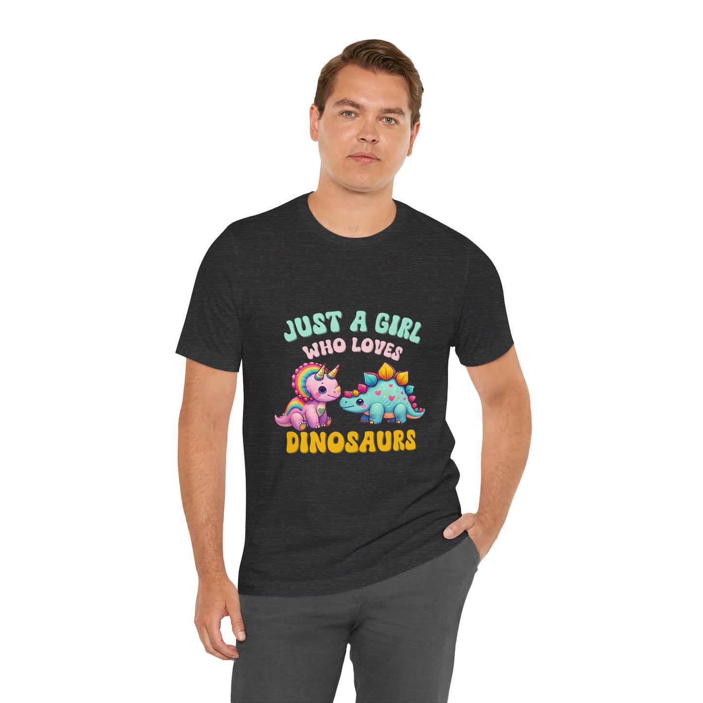 Just a Girl Who Loves Dinosaurs Unisex T-Shirt – Rainbow Triceratops & Colorful Stegosaurus Design